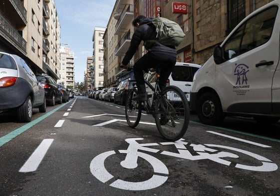 Un ciclista circula por el carril compartido de la calle Pérez Oliva.