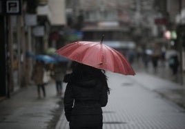 Una mujer camina por la calle bajo un día de lluvia.