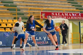 La jugadora de Perfumerías Avenida Mariella Fasoula intenta superar la defensa de Masa Jankovic ante la atenta mirada de Vilaró y Montañana.