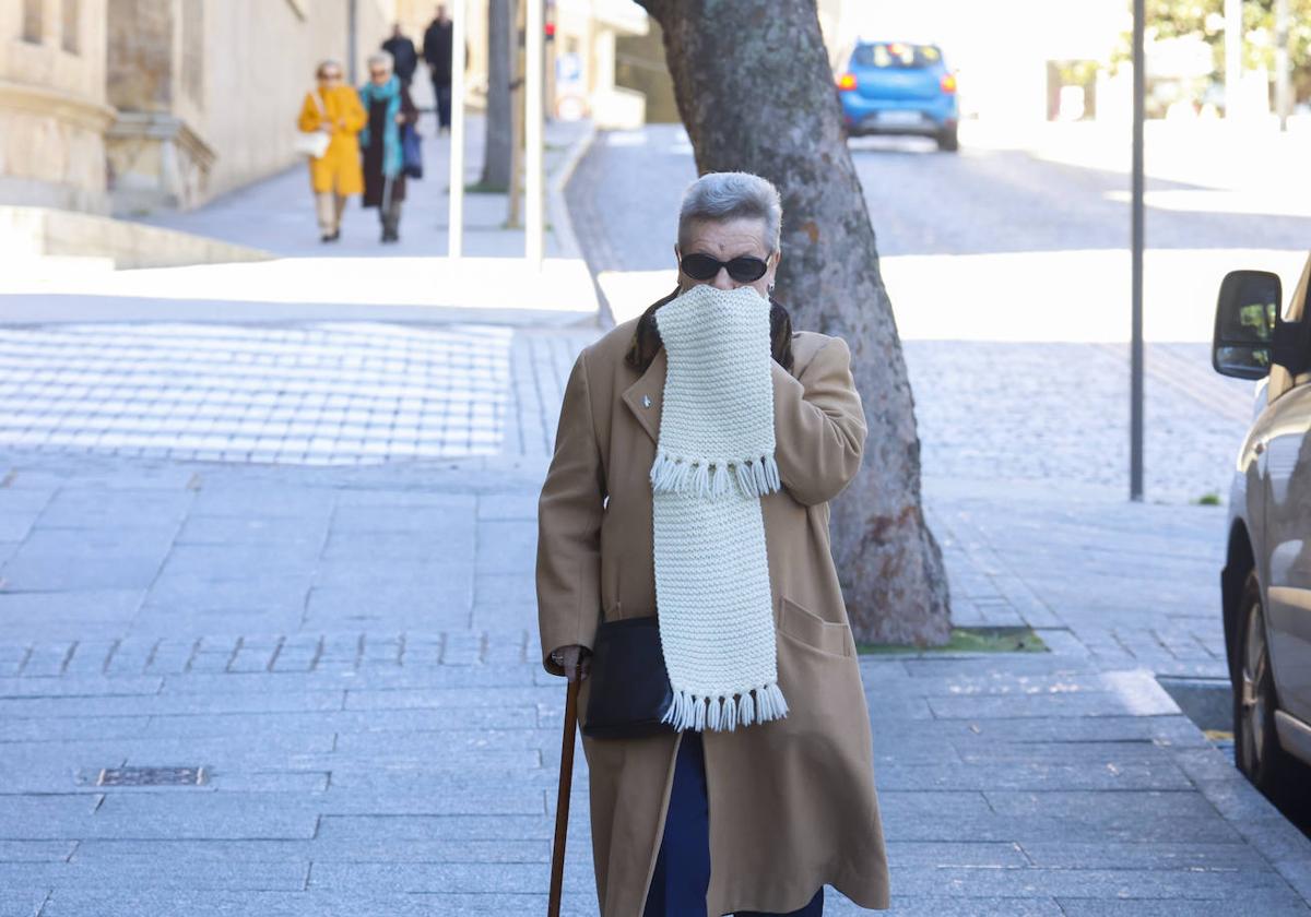 Una mujer pasea por Salamanca en un día frío.