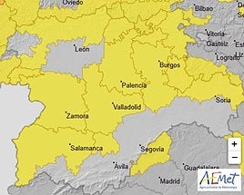 Imagen del mapa con los avisos amarillos activados este miércoles en Castilla y León, publicado por la Agencia Estatal de Meteorología (AEMET).