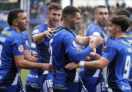 La Ponferradina celebra el tanto de Lancho ante el Andorra en el último partido.