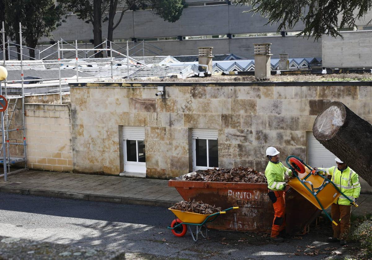 Dos operarios, trabajando en la limpieza de las instalaciones situadas en Puente Ladrillo.