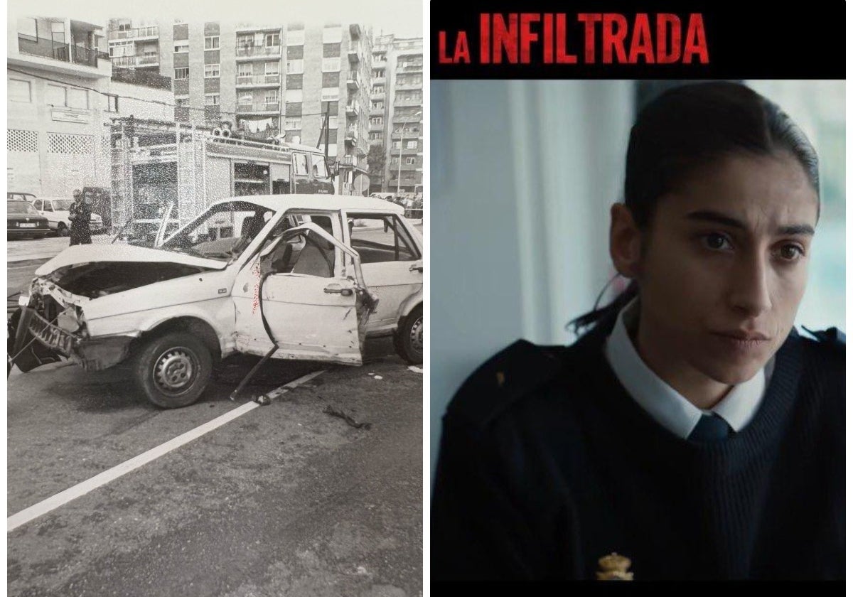 Imagen del coche tras el atentado contra Aliste en 1995. Uno de los clip de la película, donde la policía infiltrada (interpretada por Carolina Yuste) habla con el inspector jefe Ángel Salcedo (Luis Tosar).