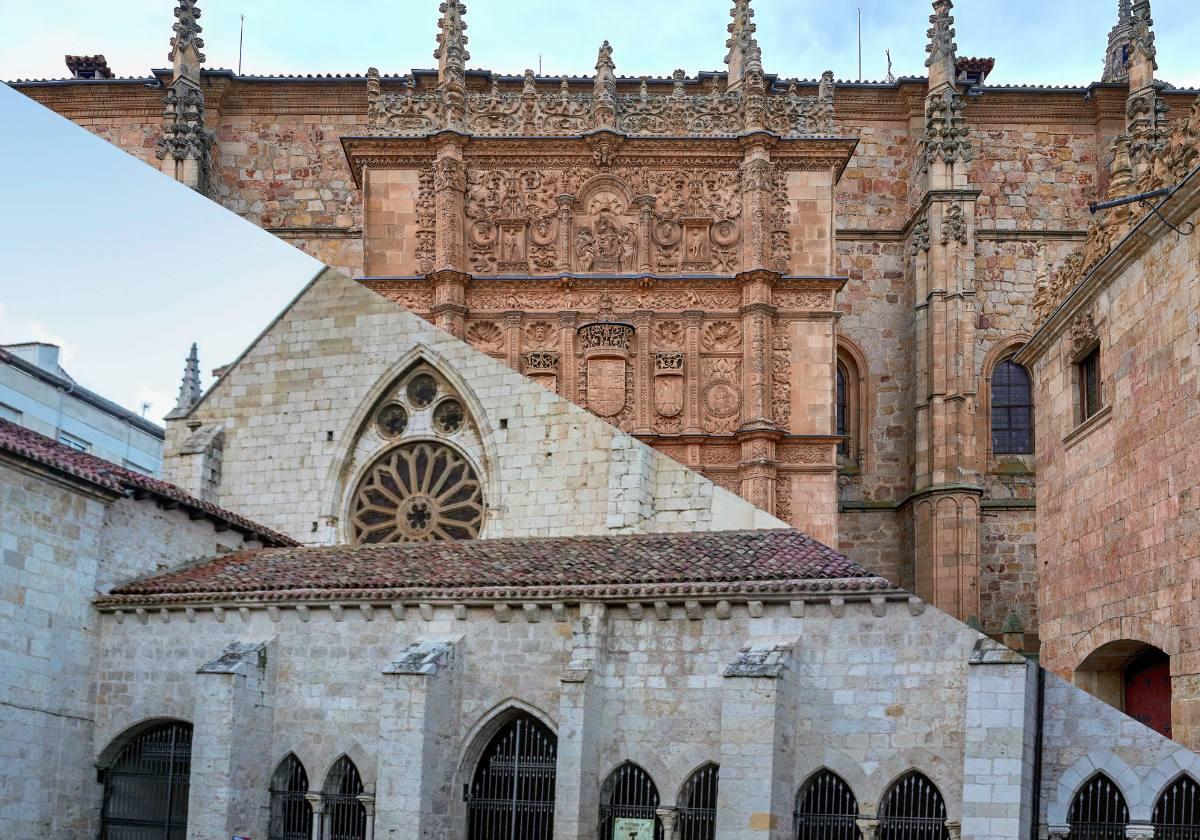 (Abajo) Iglesia de San Francisco en Palencia. (Arriba), fachada de la Universidad de Salamanca.