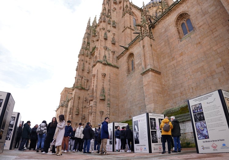 Imagen de la exposición con los cubos de las cofradías en el atrio de la Catedral.