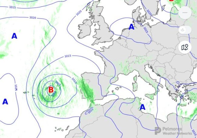 La borrasca atlántica dejará lluvias (marcadas en verde) en España este miércoles.