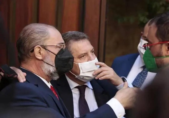 El entonces presidente de Aragón, Javier Lambán; el presidente de Castilla-La Mancha, Emiliano García-Page, y el presidente del Principado de Asturias, Adrián Barbón, en 2021.