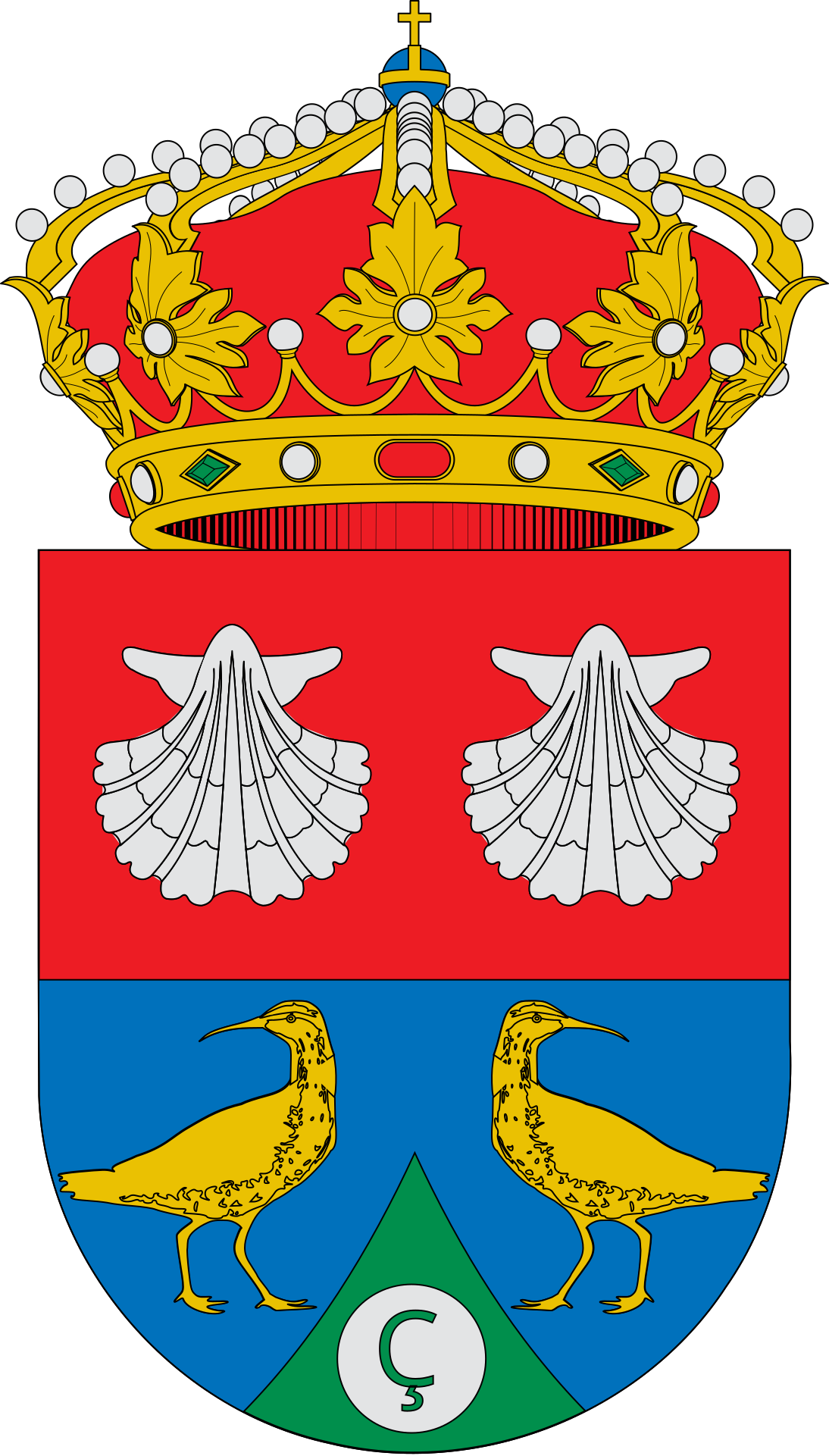 Escudo español redondeado en punta, cortado y entado en punta. Primero de gules dos veneras de Santiago de plata. Segundo de azur dos zarapitos de oro afrontados y mirando a los flancos. Entado en punta de sinople, una bola de golf.
