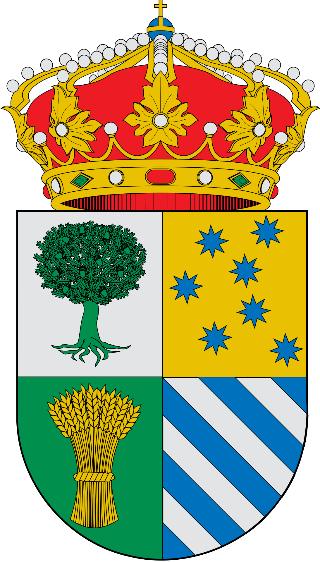 Rectilíneo en el jefe y flancos, curvilíneo en la punta. El escudo está dividido en cuatro cuarteles: oro con siete estrellas en azur, roble natural y en su color, bandado de cinco piezas de azur y sinople con espigas de trigo naturales y en su color.