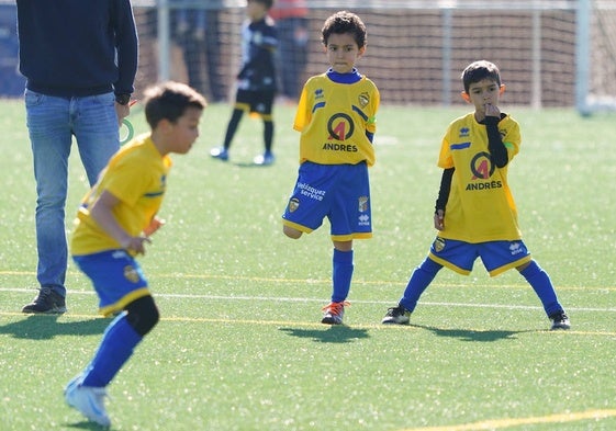 El equipo prebenjamín del Monterrey, que compite en la Tercera División Grupo I, se prepara antes de comenzar un encuentro de la presente temporada en el anexo al Reina Sofía.