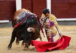 Exigente muletazo por abajo de Diego San Román ayer en Las Ventas.