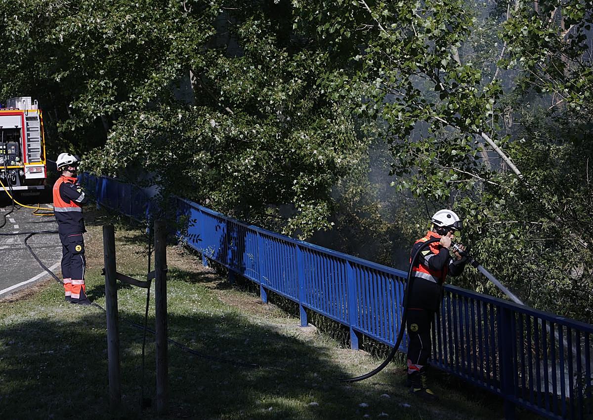 Imagen secundaria 1 - Los Bomberos sofocan un incendio en el paseo fluvial de El Zurguén
