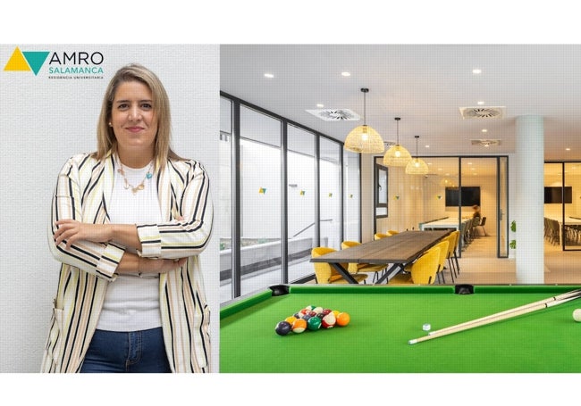 Rocío Bueno, directora de la residencia, junto a una imagen de las instalaciones.