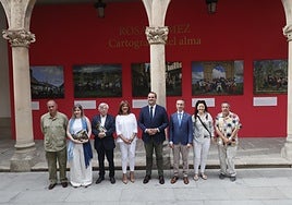 José Ramón Cid, Rosa Gómez, Román Álvarez, Isabel Bernardo, David Mingo, Juan Miguel Valero, Nuria Galache y Santiago Juanes en la exposición de La Salina. ALMEIDA