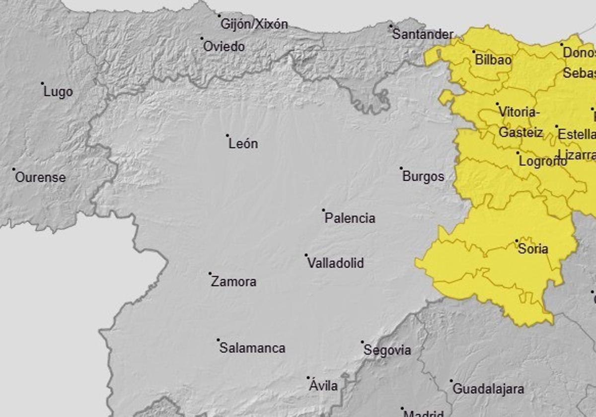 Mapa con los avisos amarillos activados en Castilla y León.