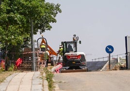 Trabajadores de la empresa que asume la obra de Adif, en las tareas de asfaltado de la vía.