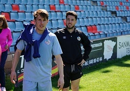 Cristeto y Jorge García durante una sesión de entrenamiento del Salamanca UDS en el Helmántico en la recta final de la Liga pasada.