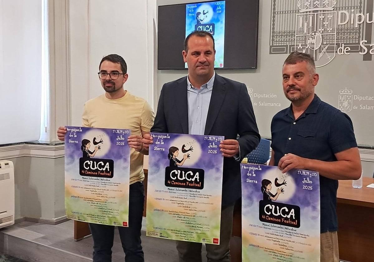 Raúl Sánchez, David Mingo y Javier Mateos, en la presentación del Festival CUCA de Herguijuela de la Sierra