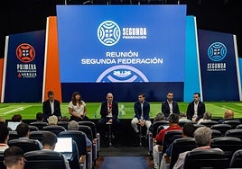 Rafael Louzán, dirigiéndose este lunes a los clubes de Segunda Federación.