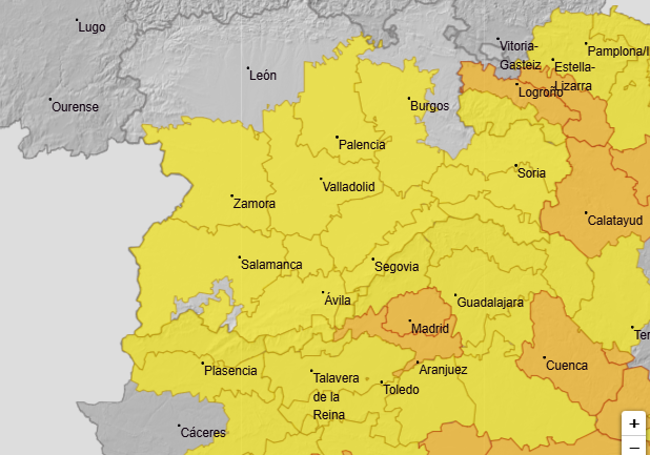 Mapa de avisos amarillos elaborado por la AEMET para este jueves.