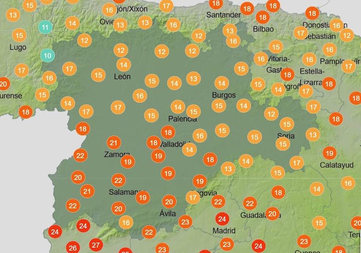 El mapa con la sensación térmica que se vivirá el jueves en Castilla y León.