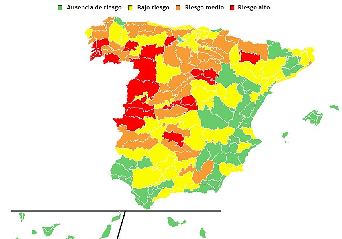 Mapa con los niveles de riesgo del Ministerio de Sanidad.