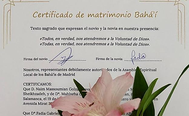 Certificado de matrimonio bahá'í.