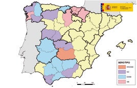 En amarillo, provincias sin casos de lengua azul.