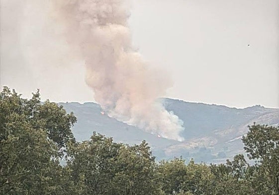 Imagen del fuego de Navasfrías en la mañana de este lunes.