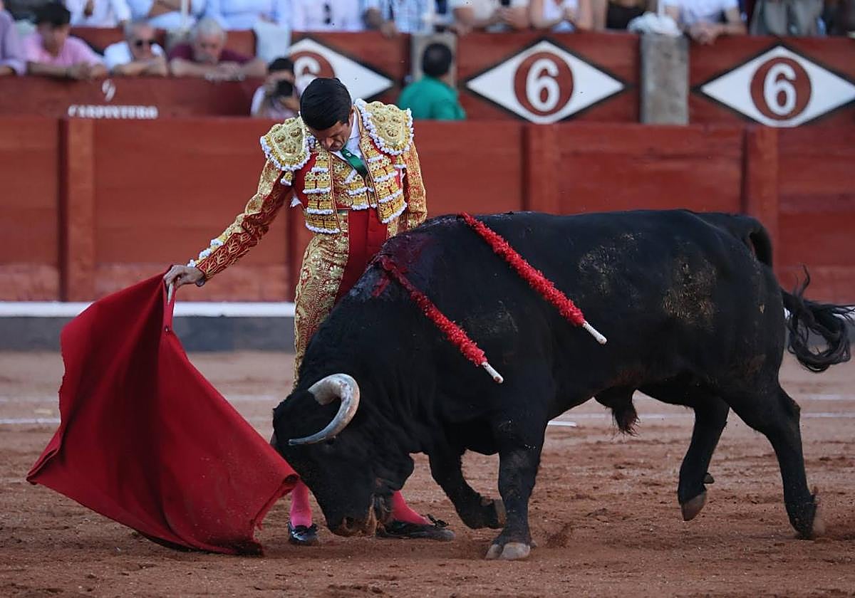 Natural con la mano derecha de Emilio de Justo ante la entregada embestida de Buenasuerte, el toro de Garcigrande indultado en La Glorieta.