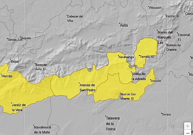 Mapa de aviso amarillo en el Sur de Ávila elaborado por la AEMET.