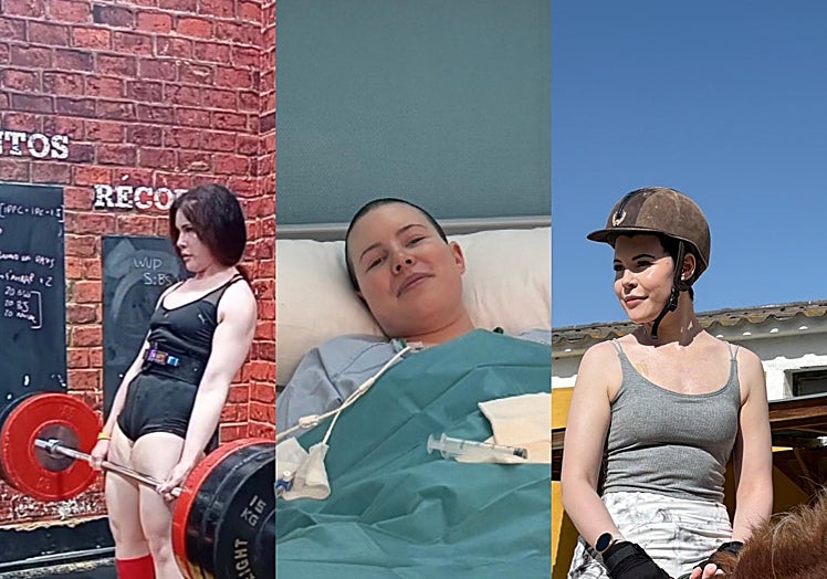 En la parte izquierda, Olga practicando el 'powerlifting', antes de desarrollar su enfermedad. En el centro, Olga el día que recibió el trasplante. Y a la derecha, en la actualidad, con pequeños sueños que ha podido lograr como dar un paseo a caballo.