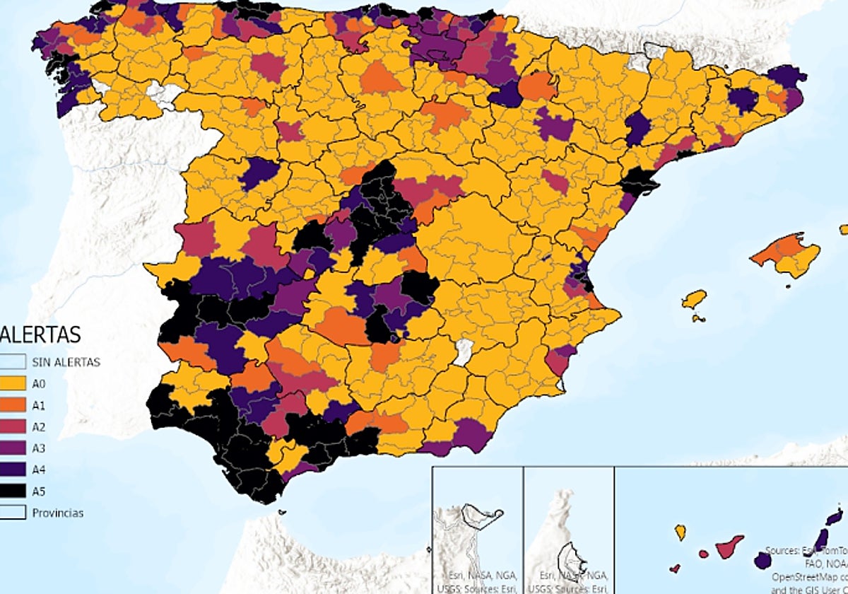 Mapa semanal de riesgo comarcal de incursión y supervivencia del virus de la Influenza Aviar.