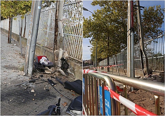 Imágenes del poste de tensión eléctrica contra el que colisionó el vehículo en el accidente mortal, horas después y ya reparado.
