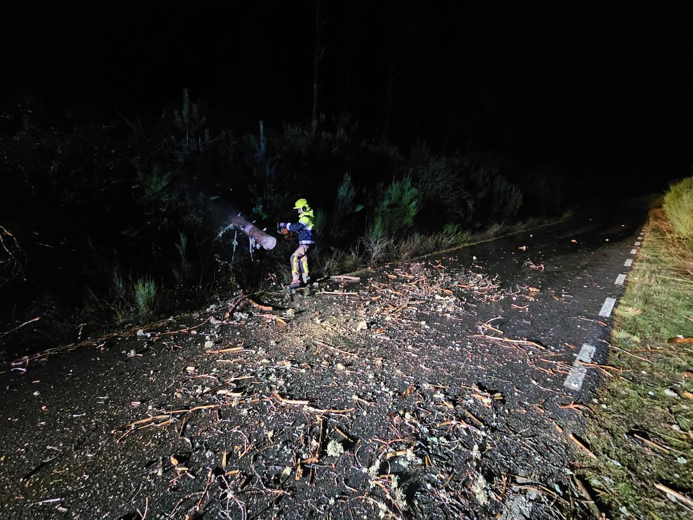 Un efectivo del Parque de Bomberos de Béjar, trabajando en la carretera.