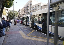 Autobuses parados frente a una de las paradas de Gran Vía.