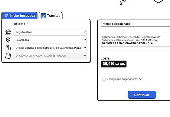 Captura de una web que ofrece cita previa en el Registro Civil de Salamanca por 39,41 euros.