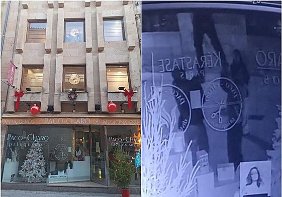 Los adornos navideños colocados en la peluquería y una imagen de las cámaras de seguridad, donde se aprecia a los jóvenes, uno de ellos escalando hacia los adornos.