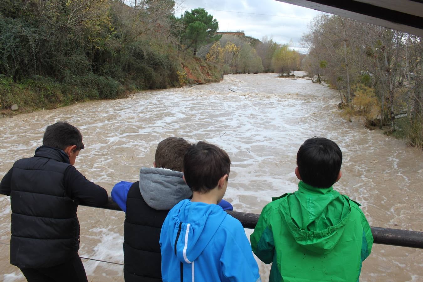 Varios niños miran el río en Arnedo.