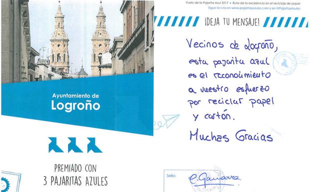 Carta recibida en el Ayuntamiento con el reconocimiento. 