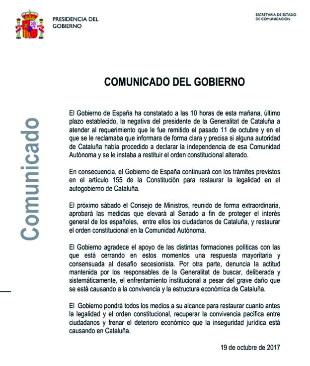 COMUNICADO DEL GOBIERNOEl Gobierno  de España...