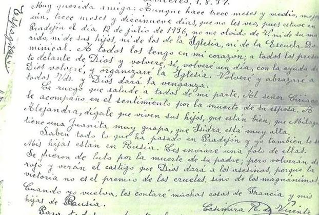 La carta enviada desde el exilio por Casimira Rivas, viuda del pastor protestante asesinado en 1936. 