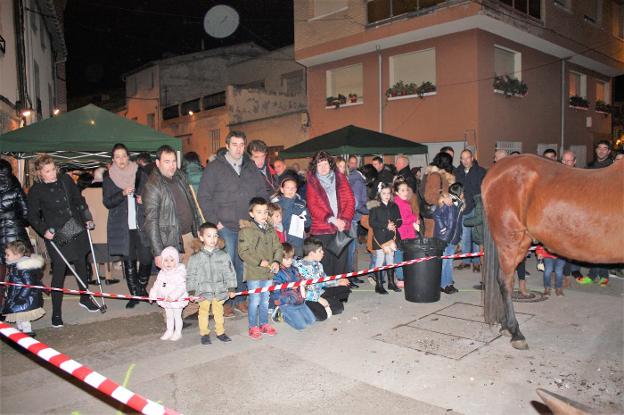 Niños y mayores contemplan el herraje de un caballo. :: F. D. 