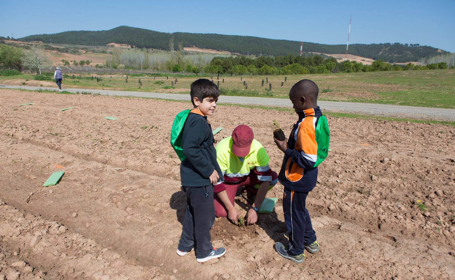 Cuca Gamarra y unos 200 escolares de la ciudad han participado en la tradicional plantación de encinas y pinos en el parque de La Grajera