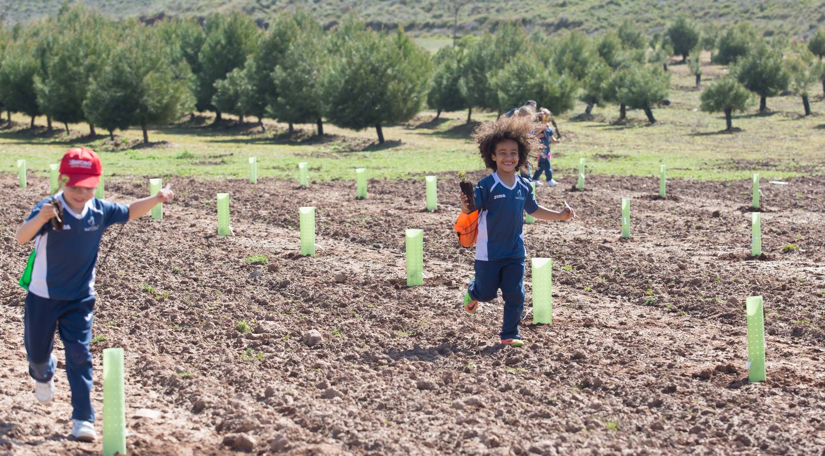 Cuca Gamarra y unos 200 escolares de la ciudad han participado en la tradicional plantación de encinas y pinos en el parque de La Grajera