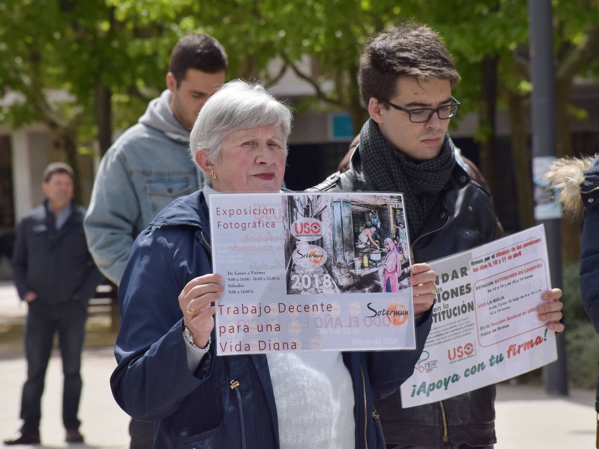 USO La Rioja ha celebrado el Primero de Mayo con el lema «Los salarios, la deuda pendiente. Empleo de calidad y blindaje de las pensiones» y ha realizado una concentración en la plaza Primero de Mayo de Logroño.