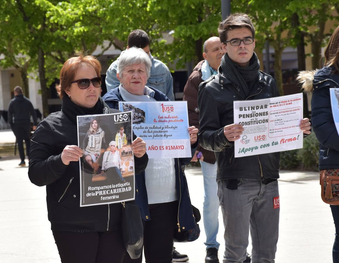 USO La Rioja ha celebrado el Primero de Mayo con el lema «Los salarios, la deuda pendiente. Empleo de calidad y blindaje de las pensiones» y ha realizado una concentración en la plaza Primero de Mayo de Logroño.