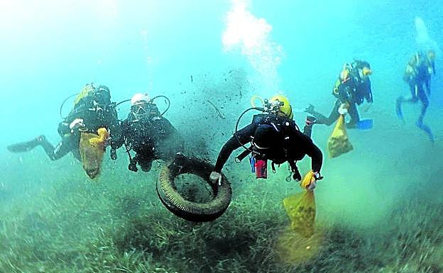 Un grupo de buceadores recoge un neumático y otros residuos del fondo del mar durante la última gran limpieza anual.