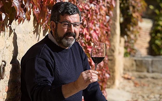 Jesús Velilla y Etienne Cordonnier paseando por el viñedo El Sacramento; abajo, el enólogo Jesús Madrazo. :: E.S:/S. Tercero